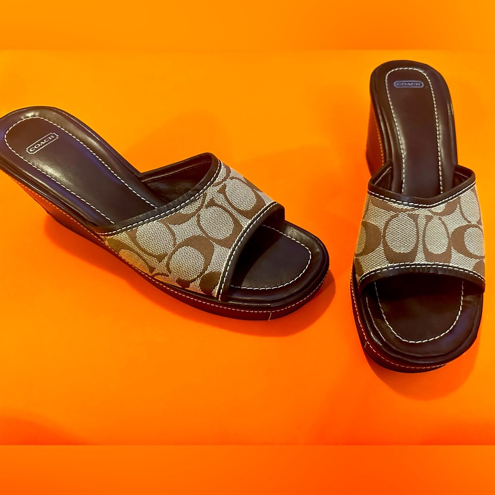 Brown Coach Signature Fabric Platform Wedges Sandals 8M